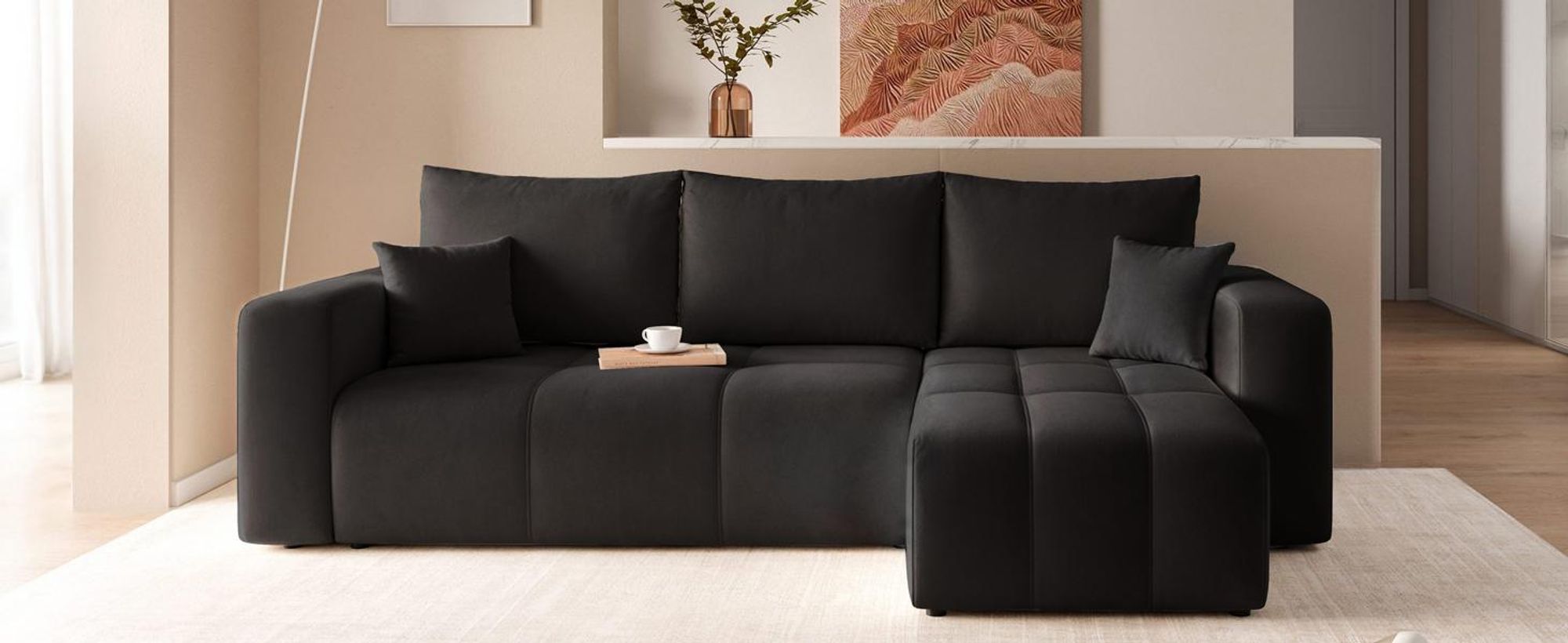 Idohome-Moderne Ecksofa mit Schlaffunktion und L-förmigen Steppungen, Couchgarnitur, Universale Couch, Sofa, Bettcouch, PEDROO - Schwarz Manila 18