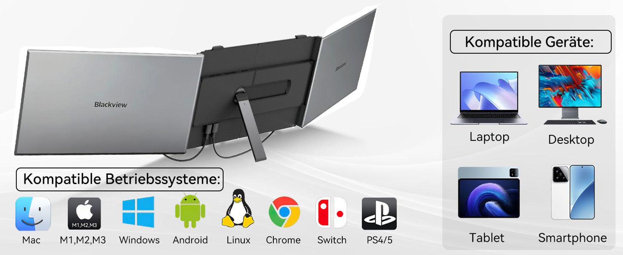 Blackview Tragbarer Bildshirm DCM6 14" mit A3 Bluetooth-Box Dual-Screen-Laptopmonitor, ultradünn, FHD, für 13,3"-17,3" Laptops, 180° drehbar