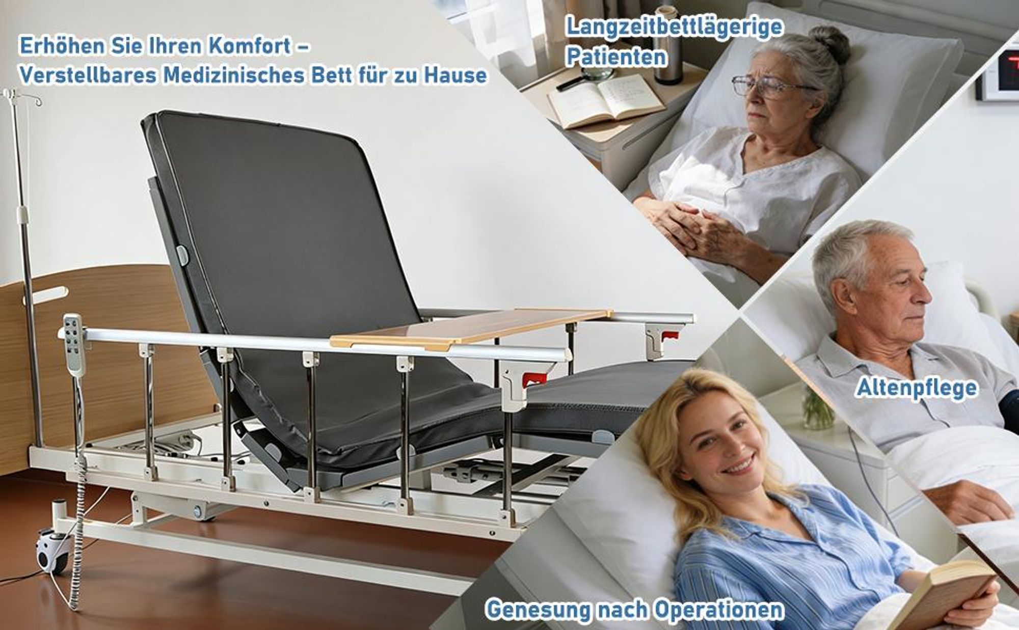 Elektrisches Pflegebett 4 Funktionen, höhenverstellbares Krankenbett 29–60 cm mit Matratze, Seitengitter, Tischplatte, Infusionsständer, 205 kg