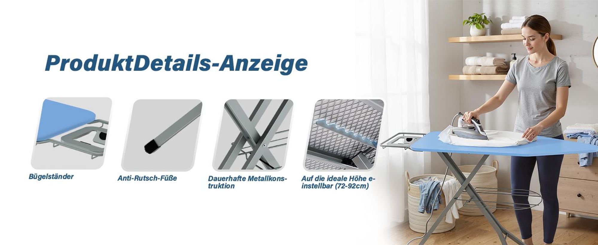 STANEW XXL Bügelbrett 120 x 45 cm – Klappbarer & höhenverstellbarer Bügeltisch mit Sicherheitsschließsystem, Eisenablage und rutschfesten Füßen
