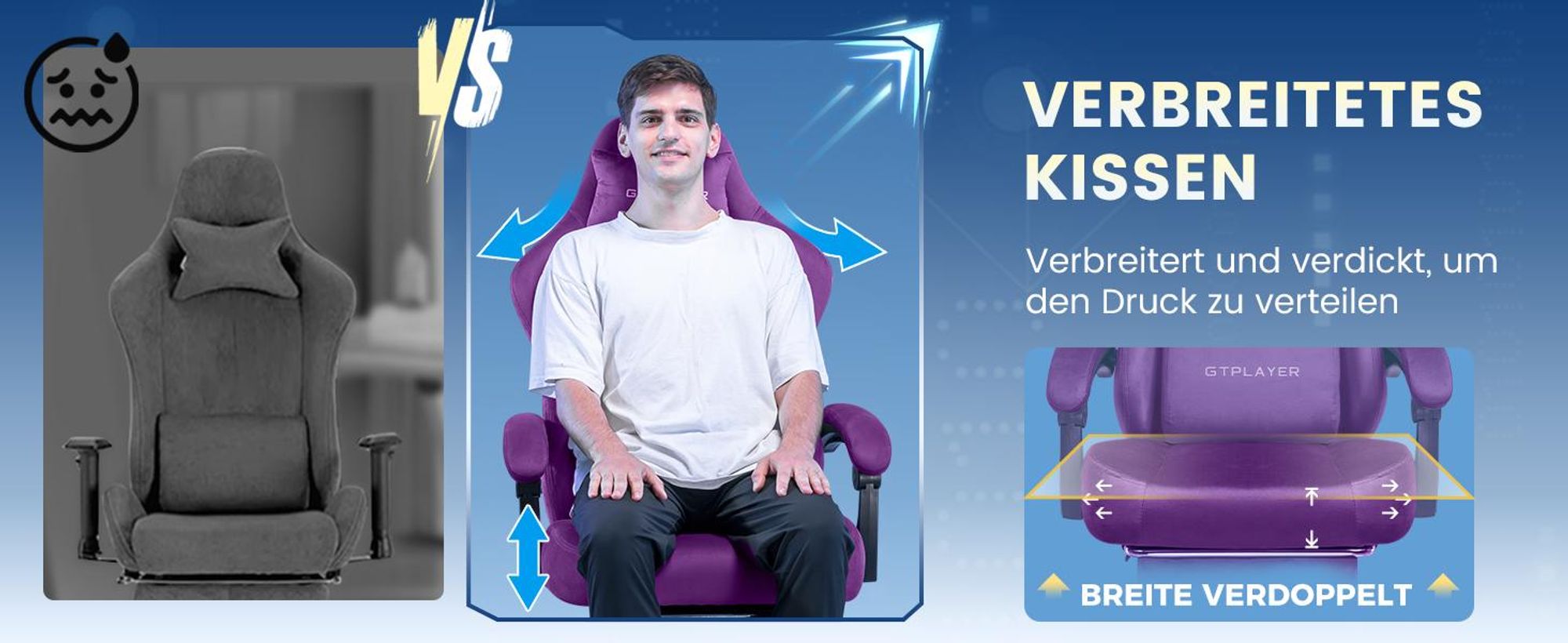 GTPLAYER Gaming Stuhl Ergonomischer Gaming Sessel Schreibtischstuhl Bürostuhl mit Stoffoberfläche Federsitzkissen, Verbindungsarmlehnen, mit Fußstütze
