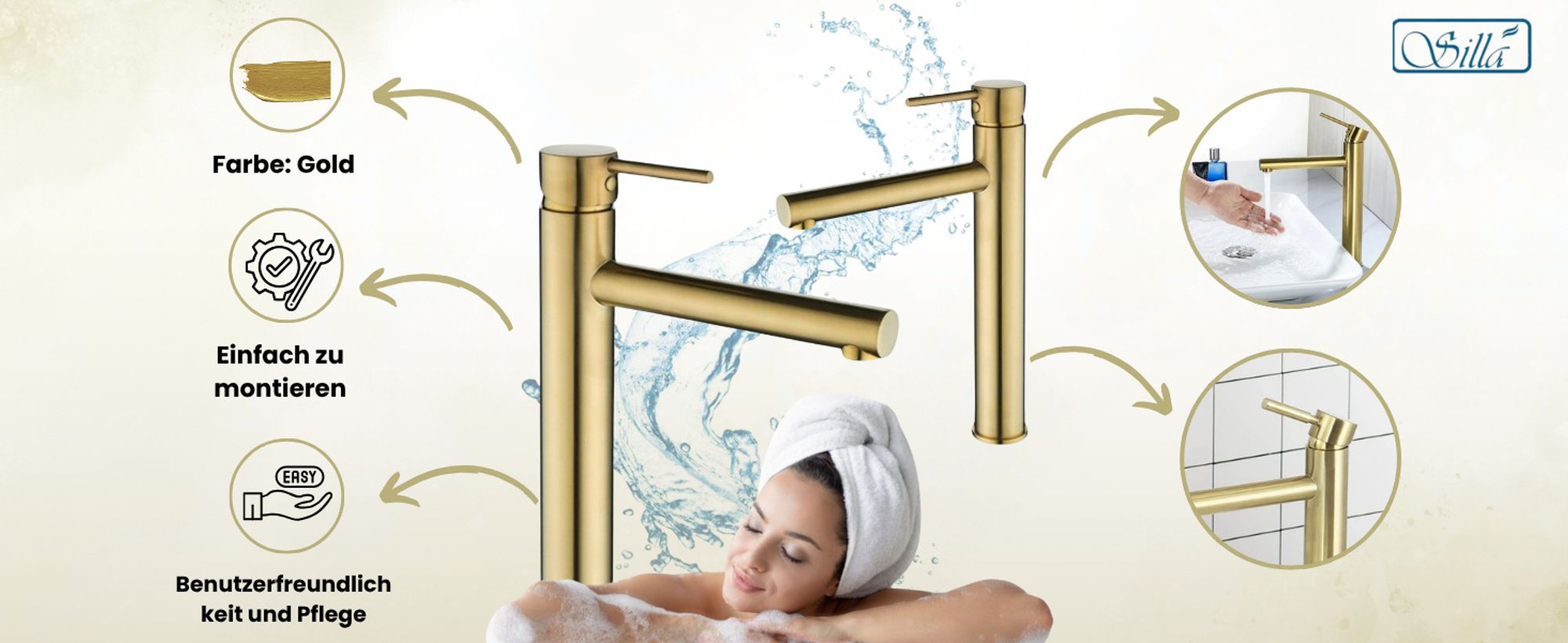 Wasserhahn, Wasserhahn Bad, Gold, Silla, Waschtischarmatur, Einhebelmischer