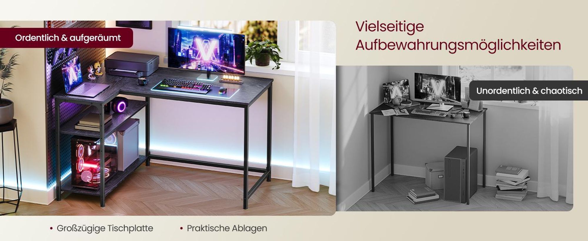VASAGLE Schreibtisch mit Stauraum, L-Form Computertisch, höhenverstellbare Ablage, Büro, 110 x 80 cm, schwarz