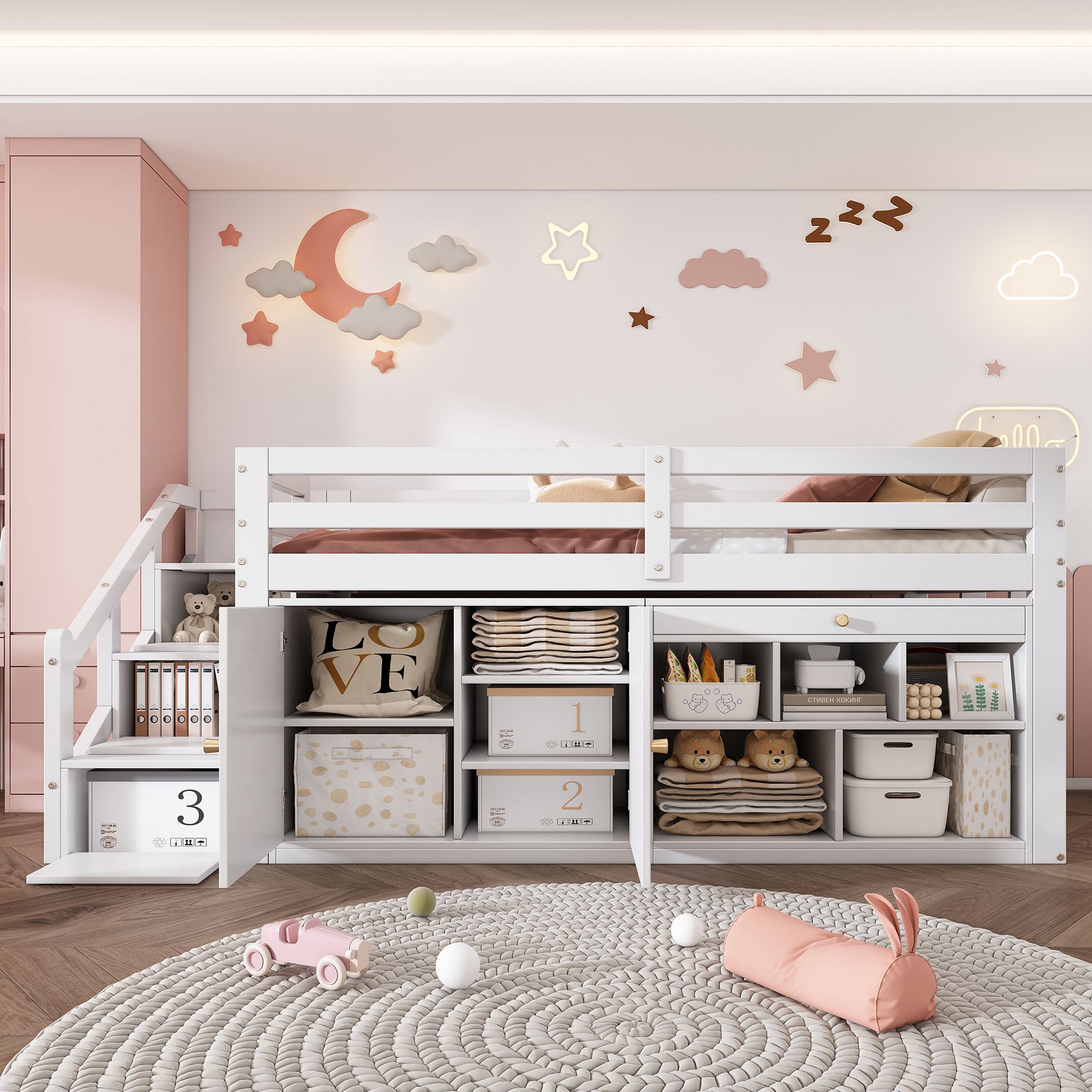 Flieks Etagenbett 90x200cm mit Schrank, Hochbett mit Leiter und Treppe, Kinderbett Stockbett Einzelbett mit Rausfallschutz, Holzbett für Kinder, Weiß