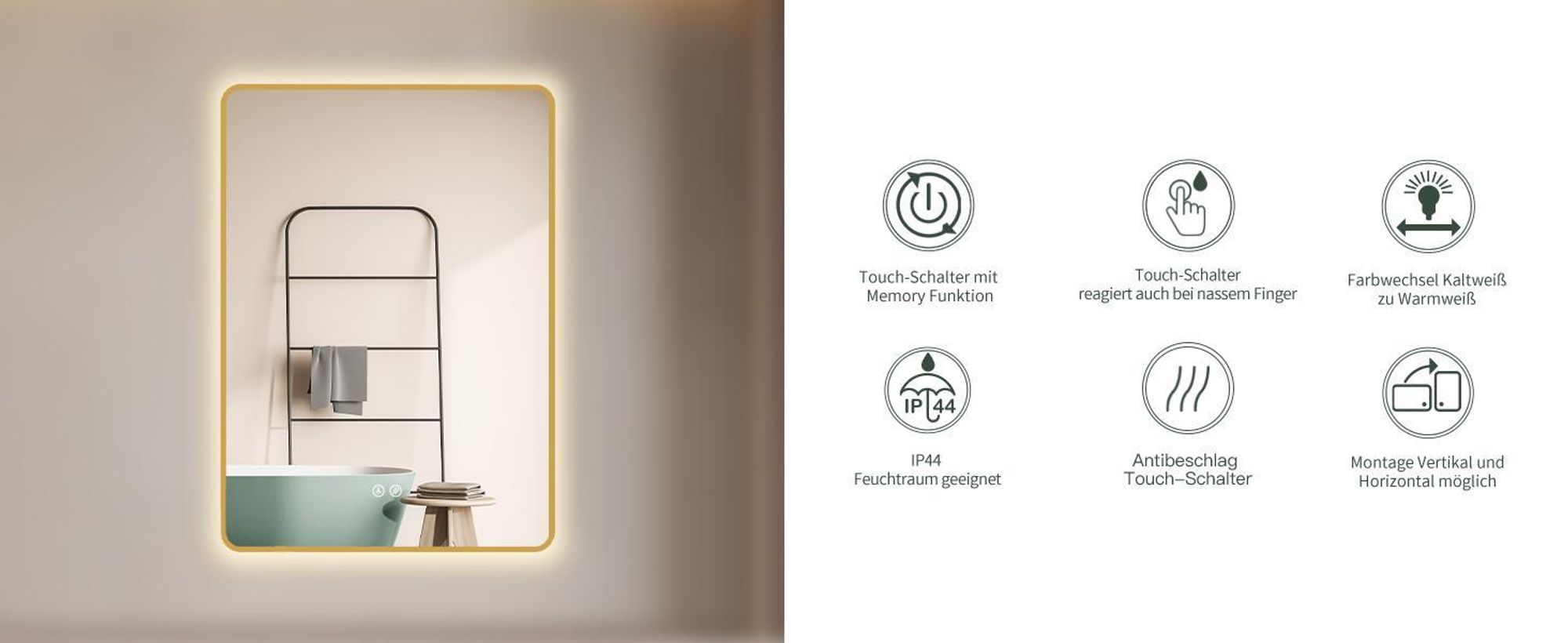 HOKO Badspiegel Antibeschlag LED 60x80cm mit Rahmen HOCH+QUER Montage Touch Schalter+Licht Wechsel Warmweiß-Kaltweiß-Neutral Wandschalter einschaltbar