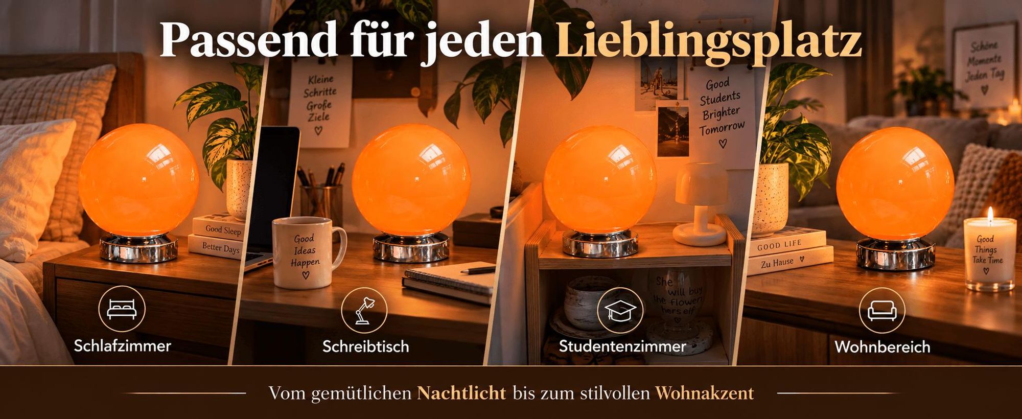 Orange Glas Nachttischlampe Kugel, dimmbare Tischlampe mit 3 Lichtfarben und 6 Helligkeitsstufen, moderne Dekolampe für Schlafzimmer, Wohnzimmer