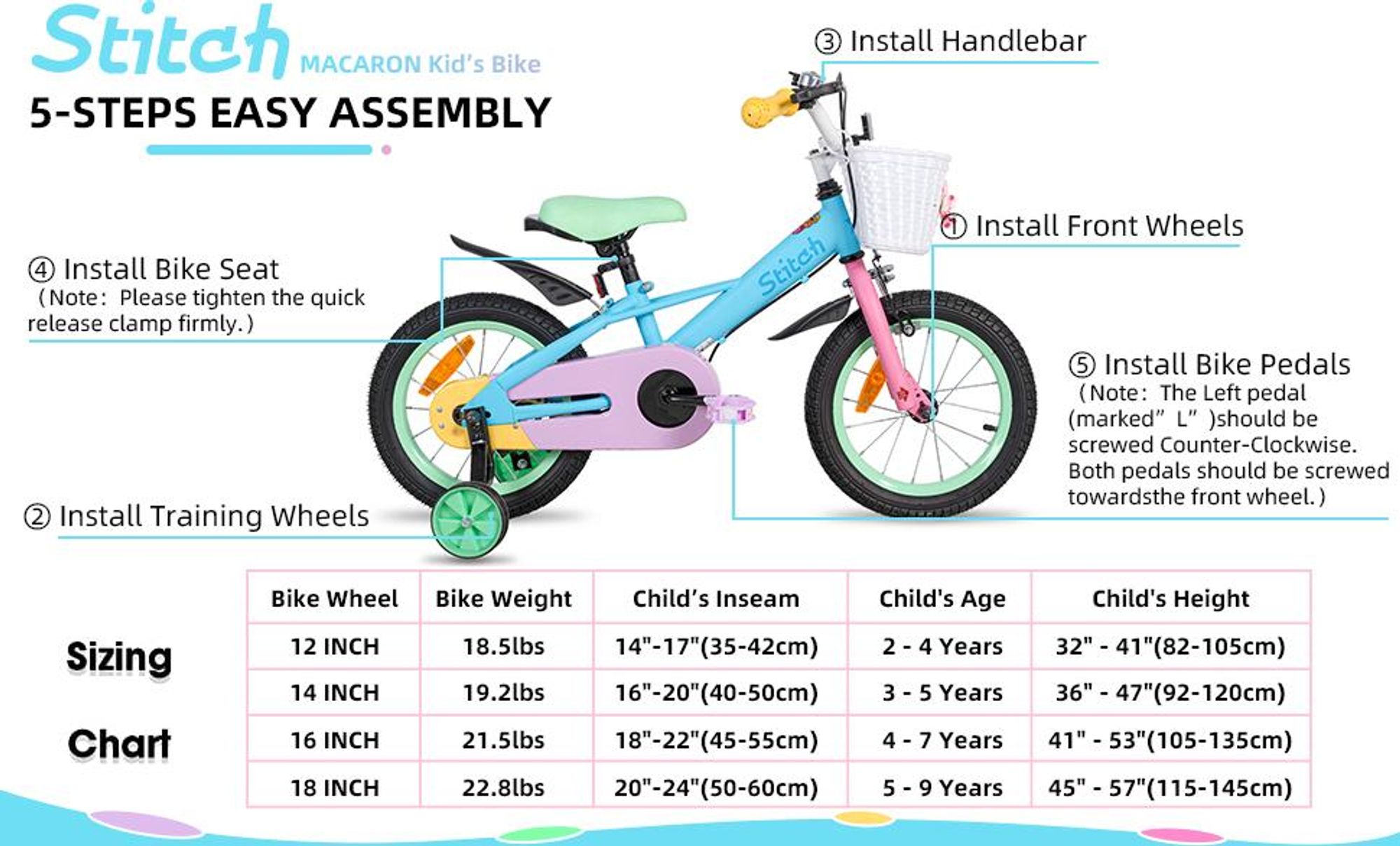 HILAND Macaron 14 Zoll Kinderfahrrad für Mädchen & Jungen ab 3 4 5 6 7 Jahren, mit Korb & Stützrädern, Rosa