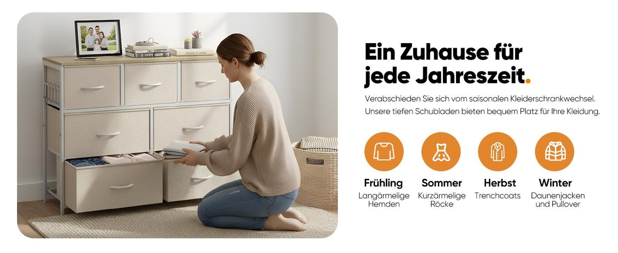 HOKEEPER Kommode, Chest of Drawers, 7 Schubladen aus Stoff mit Griffen, Komodenschrank Schlafzimmer mit Holzplatte, Sideboard Flur für Küche Büro