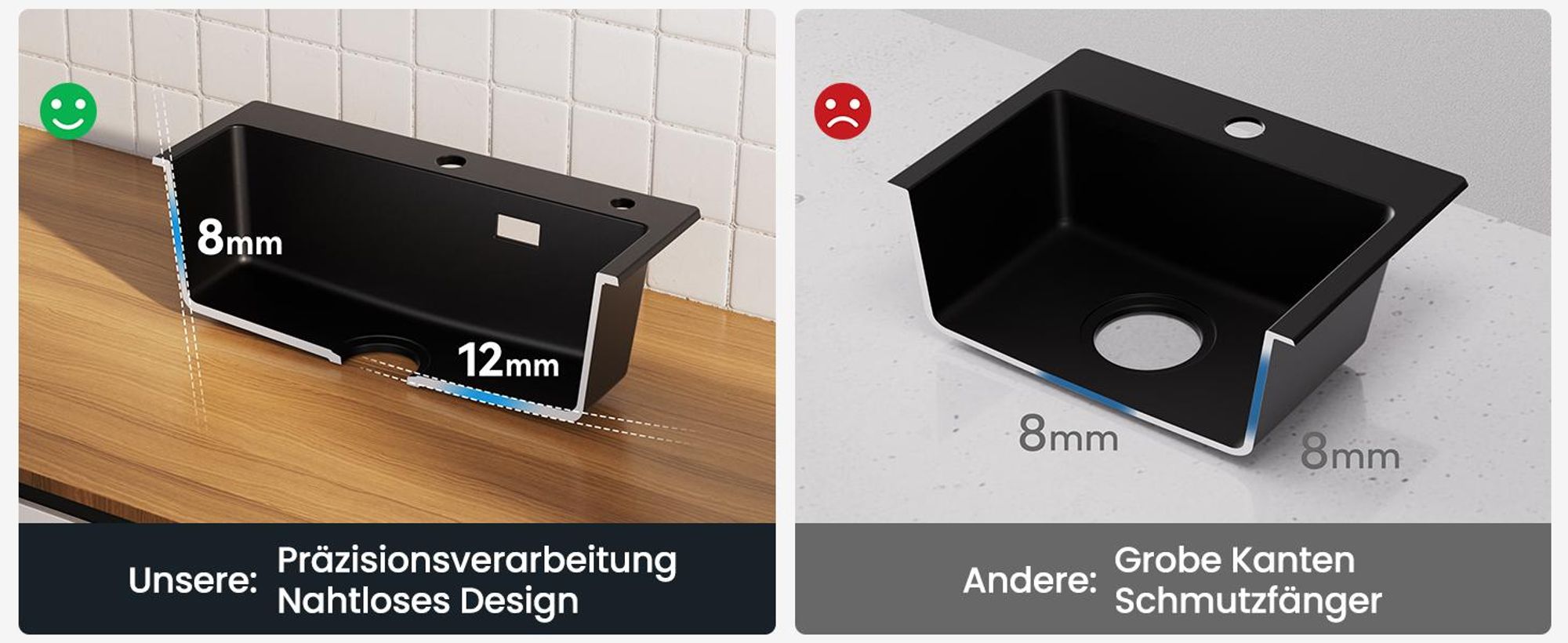 CECIPA Granitspüle 60x45 cm Schwarz Küchenspüle Granit Spülbecken Spüle Granit Einbauspüle Hitzebeständig Kratzfest mit Siphon, Pflegeleicht