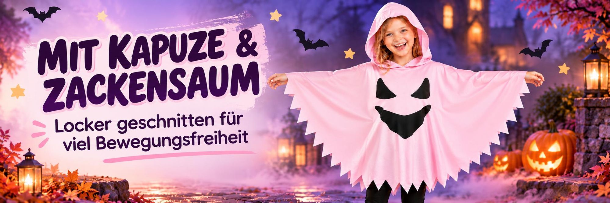 Kinder Geisterkostüm Pink mit Kapuze – Halloween Poncho für Mädchen 104/116
