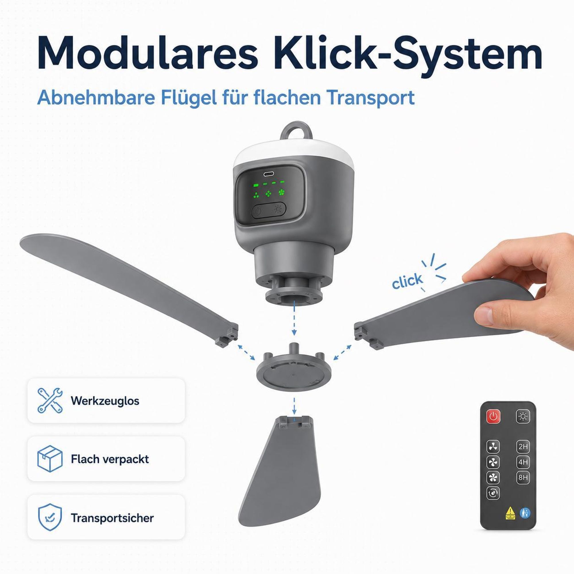 XL Ø45cm Camping Ventilator mit Licht, Akku 12000mAh, USB-C aufladbar, Deckenventilator mit Fernbedienung & Timer, Starke Brise für Zelt Pavillon RV