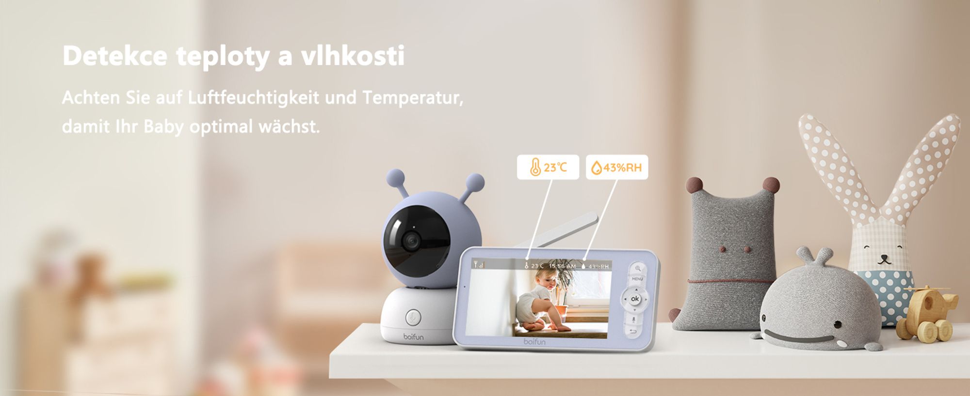 BOIFUN 5" dětská chůvička s kamerou PTZ 1080P, sledováním teploty a vlhkosti, APP, detekcí pohybu, detekcí pláče a připomínáním krmení, 32GB