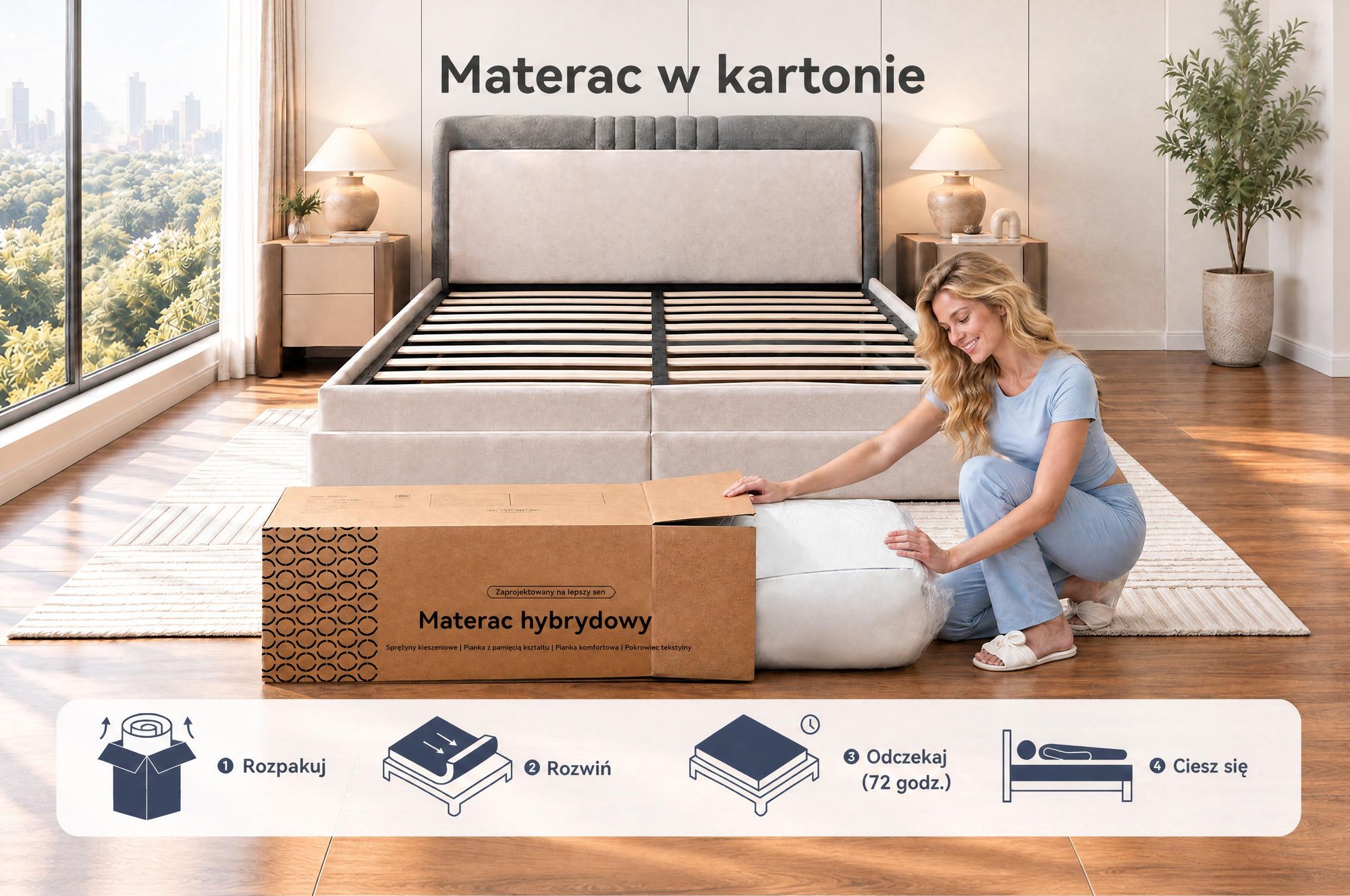 Materac 140x200 cm, wysokość 22 cm, z wbudowanym topperem, materac sprężynowy kieszeniowy, 7 stref twardości, stopień twardości H3/H4