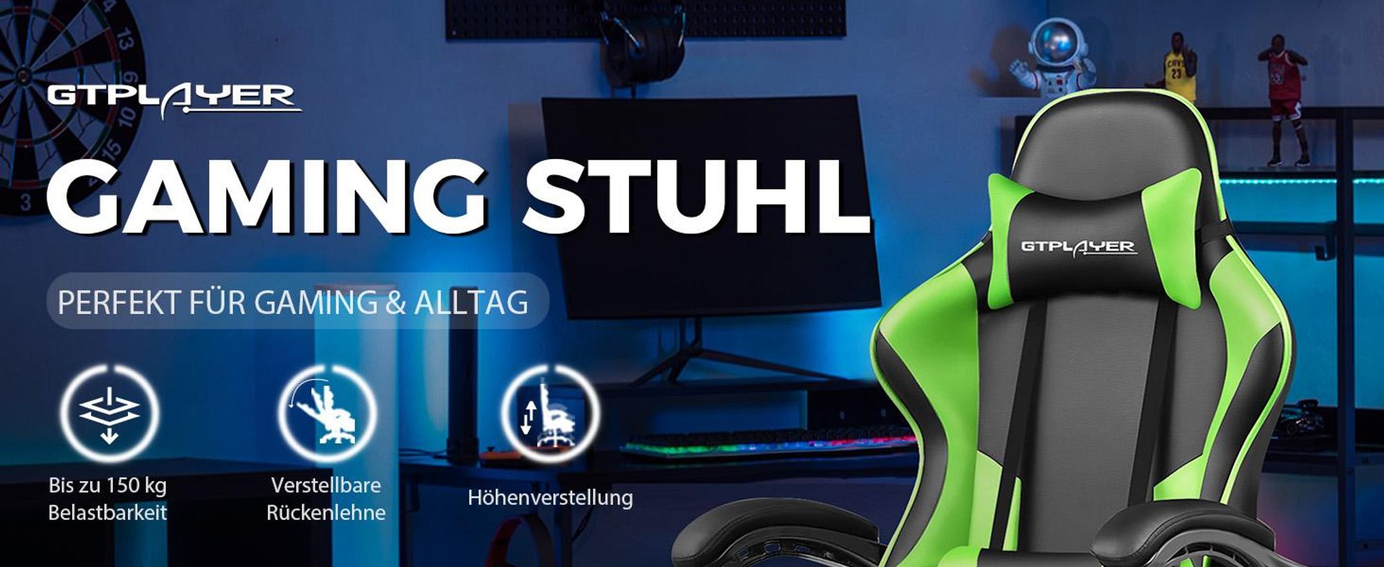 GTPLAYER Gaming Stuhl, Bürostuhl, Ergonomischer Pc Stuhl, Gaming Sessel mit Massagelendenwirbelstütze mit Fußstütze und Kopfstütze, Grün Kunstleder