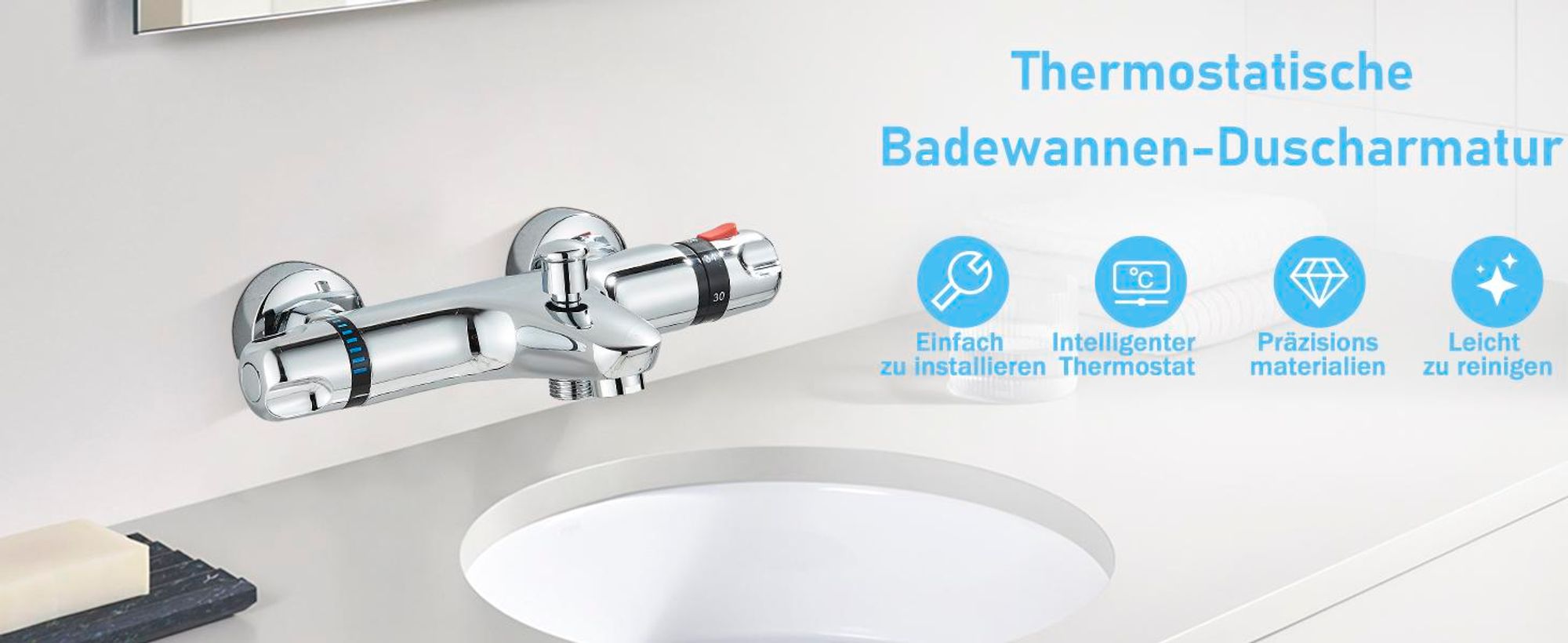 Badewannenarmatur, Wannenarmatur, Duscharmatur, Wasserhahn Badewanne, Mischbatterie, Armatur Badewanne mit Thermostat, 38°C Sicherheitstaste