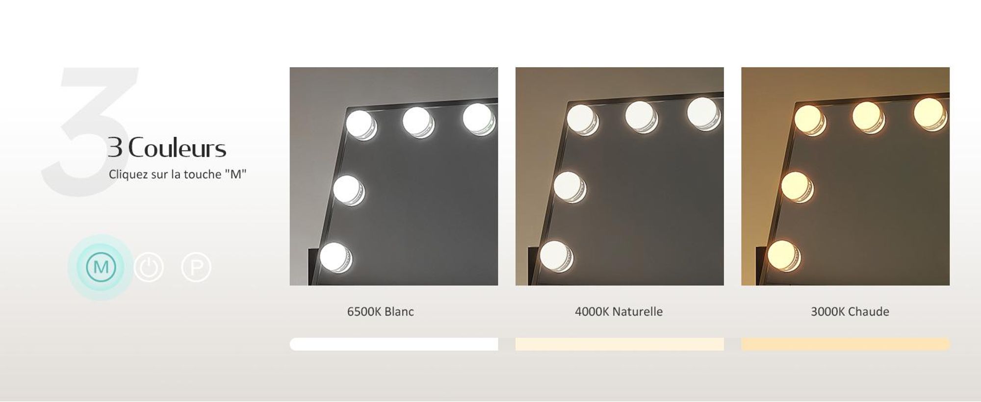 EMKE Hollywood Miroir de courtoisie 85x364x475mm avec miroir grossissant 7x, noir Miroir de courtoisie avec écran tactile intelligent et 3 couleurs de lumière, 12 lampes LED à intensité variable, pivotant à 360° et fonction mémoire