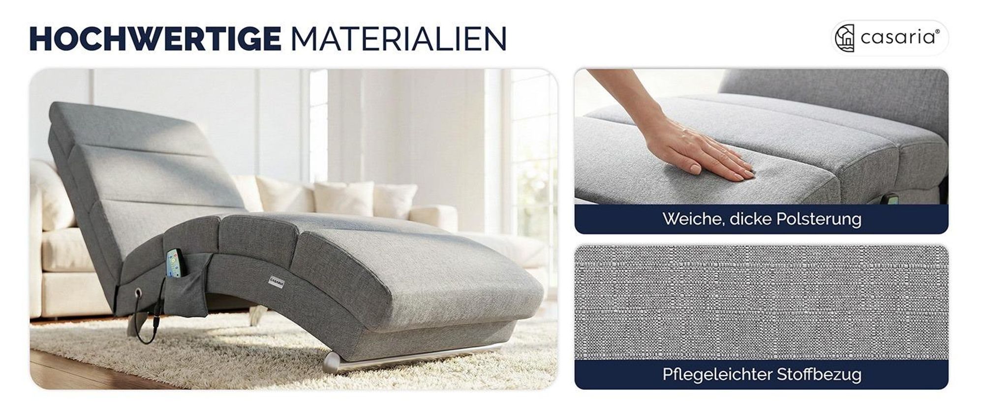 CASARIA® Relaxliege XXL Massage Heizfunktion 186x89x55cm Ergonomisch Stoff Gepolstert 180kg Belastbarkeit Wohnzimmer Innen Chaiselongue Relaxsessel Grau