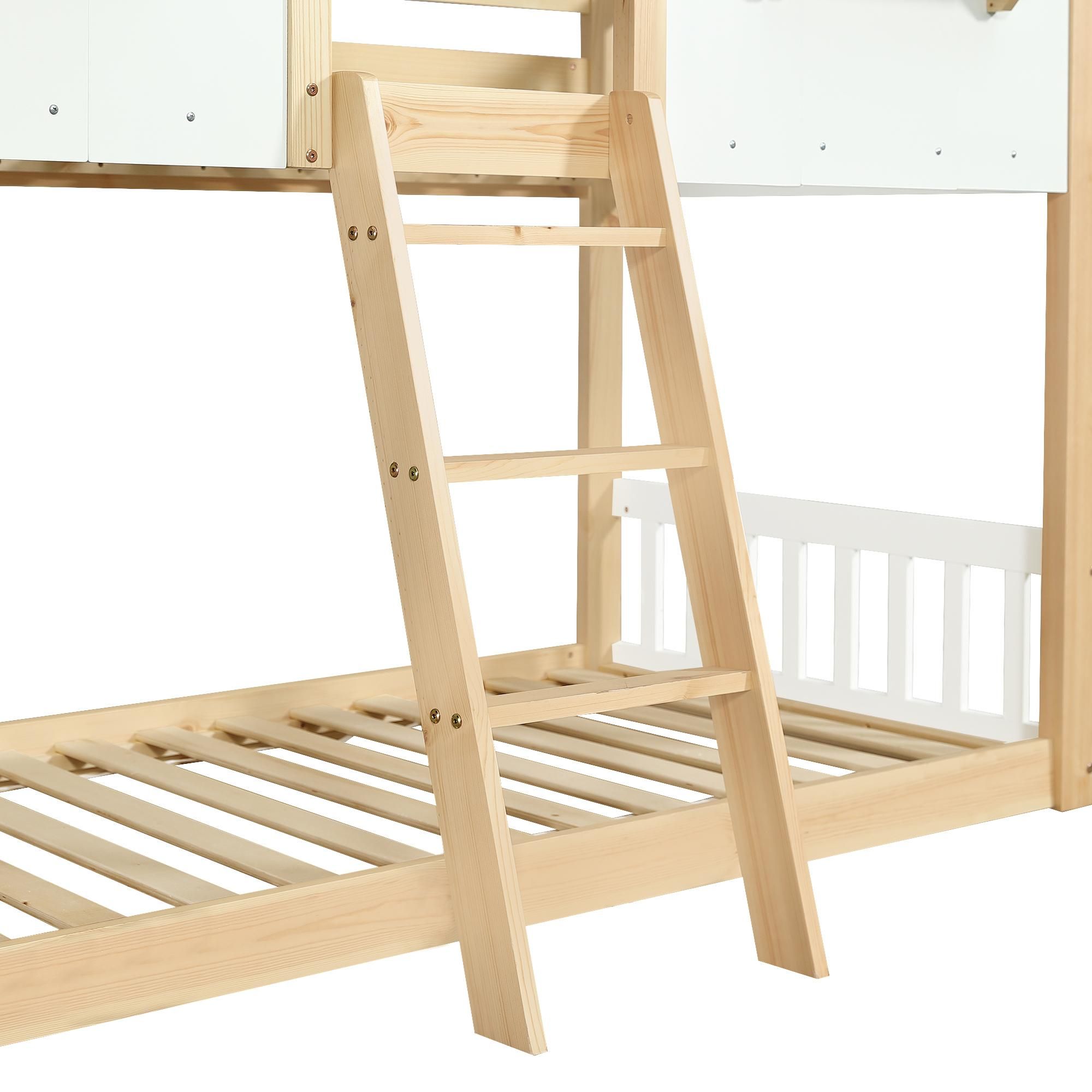 Flieks Etagenbett 90x200cm mit Leiter, Kinderbett Hausbett mit Fenster, Hochbett Stockbett Einzelbett mit Rausfallschutz und Lattenrost, Naturbelassen