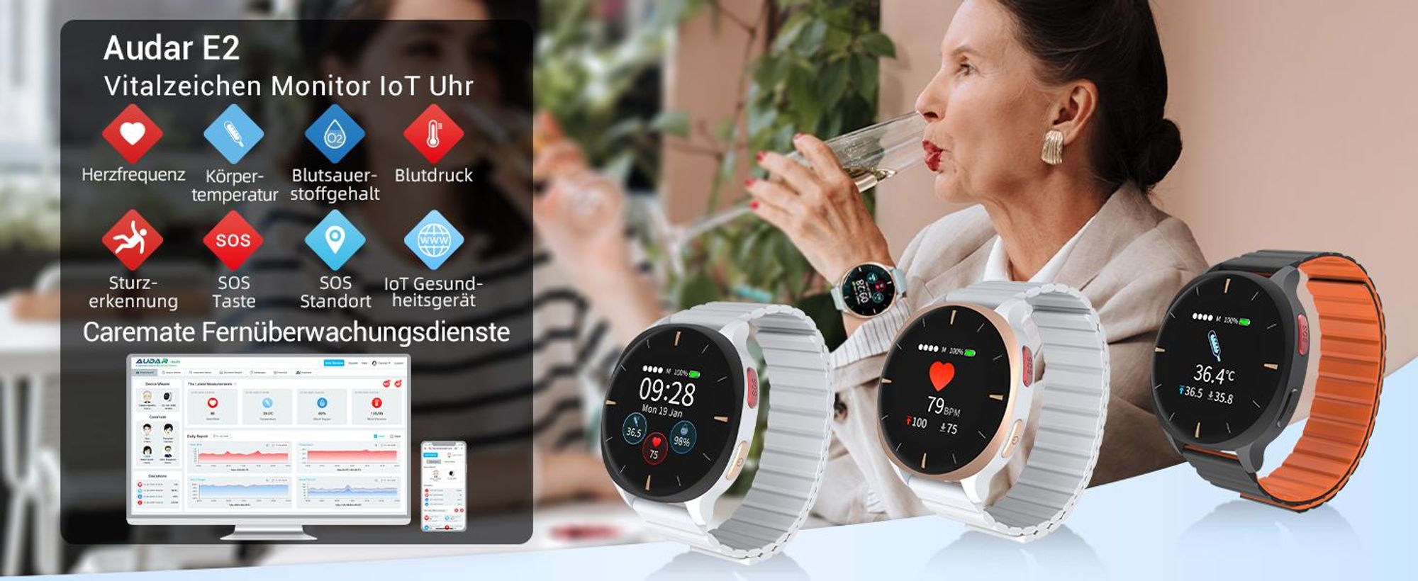 Gesundheitsmonitor Uhr 24/7 Lebenszeichen-Tracker mit Sturzerkennung & SOS-Auslöser - Audar E2