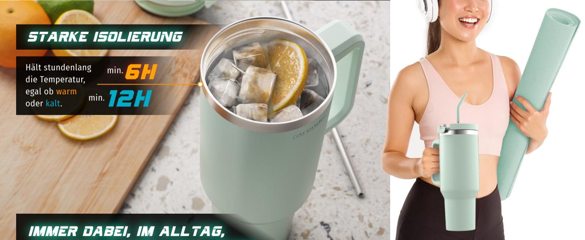Arendo Isolierbecher, Thermobecher, Tumbler, Mehrwegbecher, 1200 ml, doppelwandiger Edelstahl, luftdichter Deckel, mit Henkel, Trinkhalm, BPA-frei, hält  6h warm 12h kalt