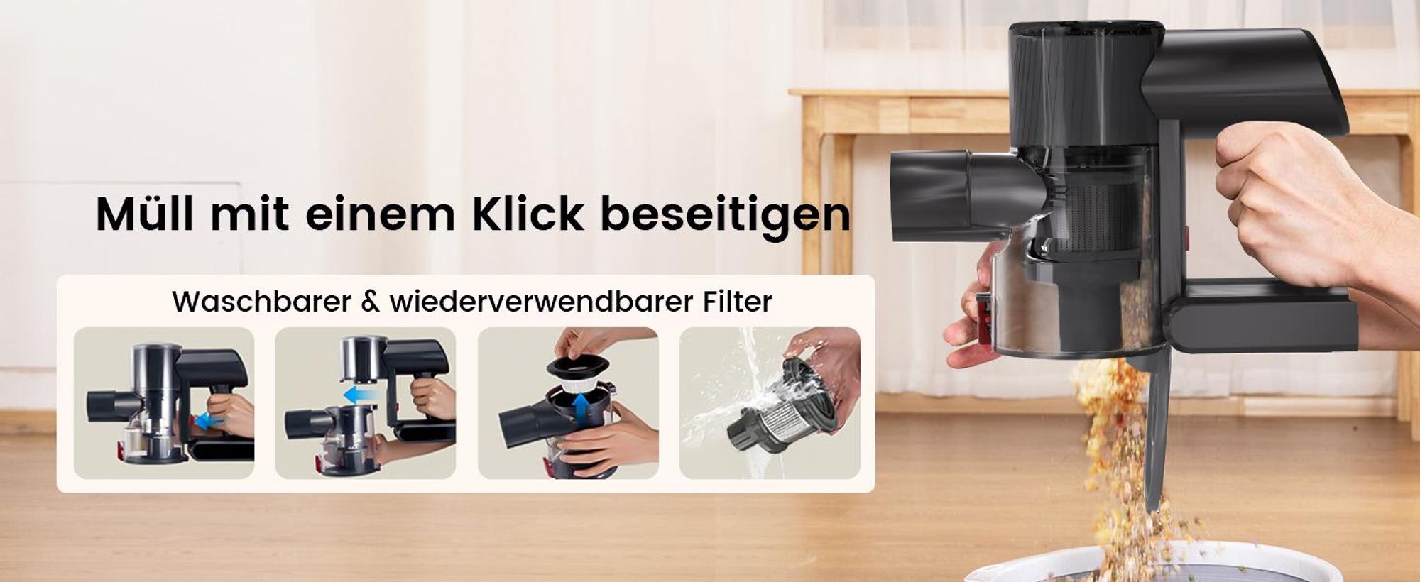 65000PA/500W Akku Staubsauger Kabellos, 6-in-1 Bürstenloser Staubsauger, Touch Display, Anti-Tangle-Staubsauger, Starke Saugleistung Staubsauger