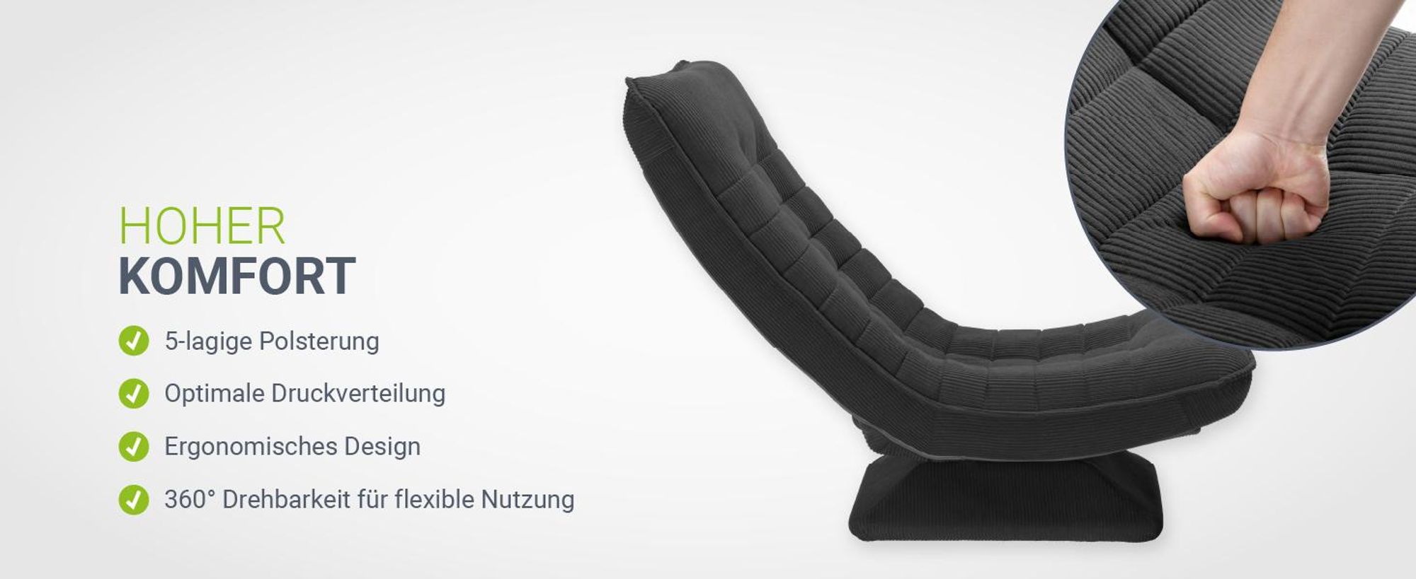 Juskys Relaxsessel Korsika - Cord-Bezug, ergonomisch, 5-lagiges Polster, 360° drehbar - Grau