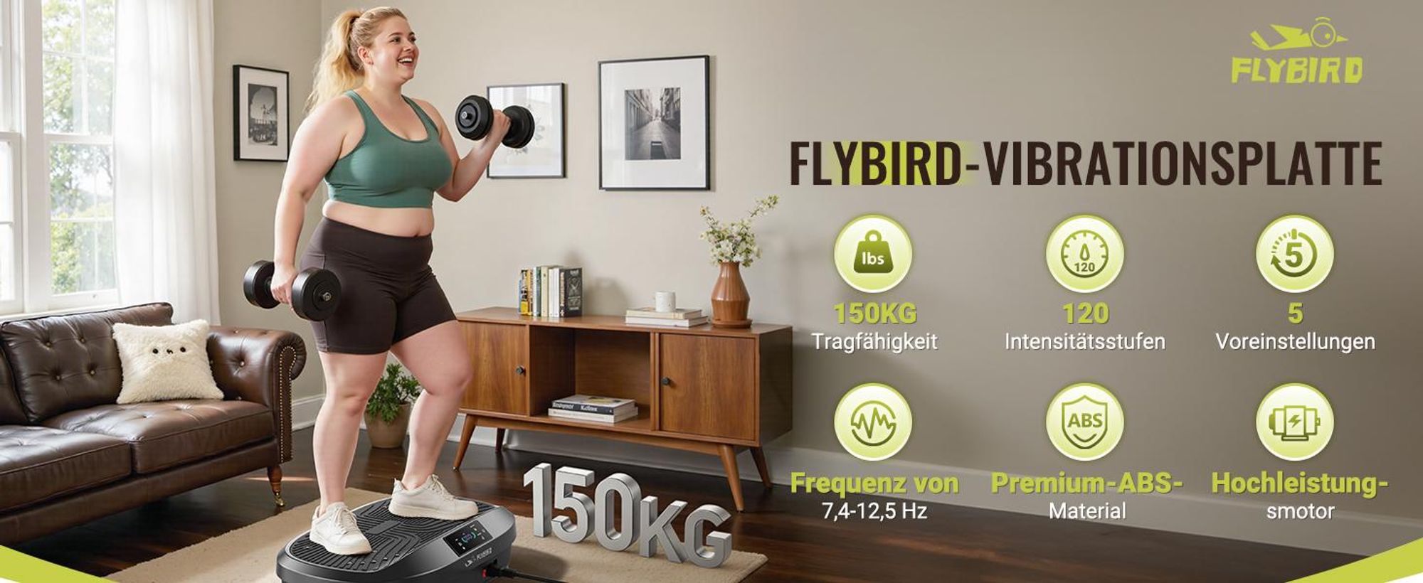 FLYBIRD Vibrationsplatte,120 Leistungsstarke einstellbare Geschwindigkeiten mit 150KG Tragkraft