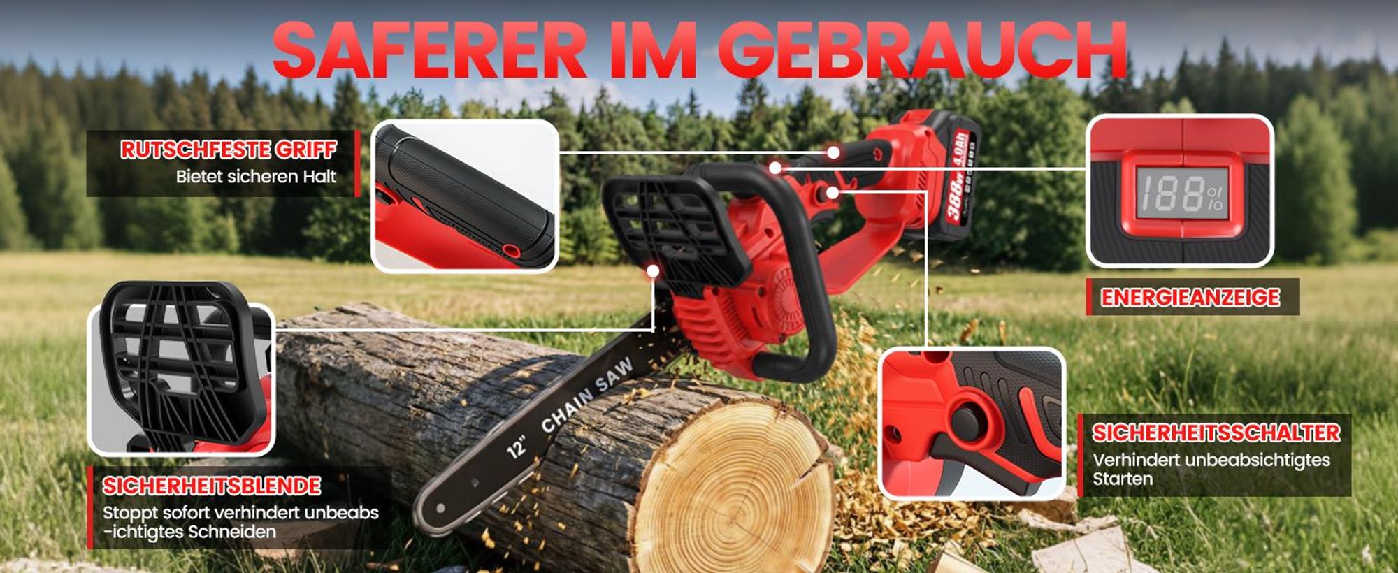 Kettensägen mit Akku , 1200W , 29.000 U/min,Kettensäge 8000mAh, 12 zoll Elektro-Kettensäge 2 Akkus 4000mAh, Kettensäge 2 Ketten