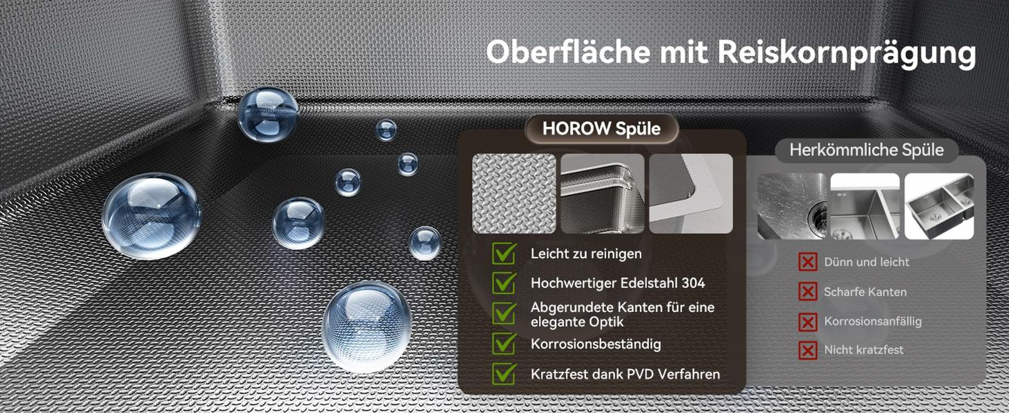 HOROW 70×45 cm Küche Spülbecken, Edelstahl Einbauspüle, Küchenspüle inkl. Abtropffläche, Ersatz-Innenspüle und Siphon