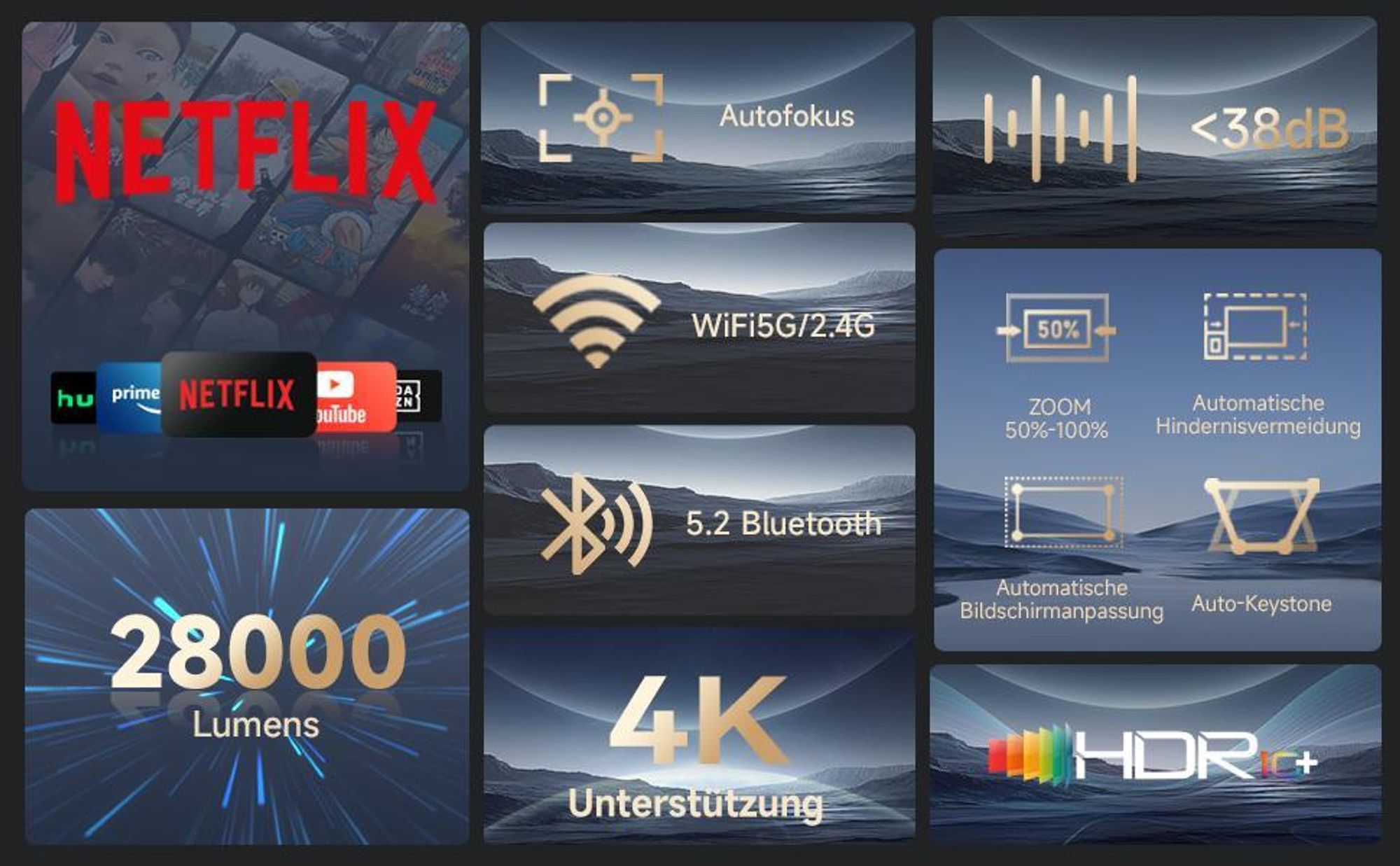 Beamer 4K mit Autofokus & 6D Auto Trapezkorrektur, Netflix  Beamer, Native 1080P, 700 ANSI, Auto Hindernisvermeidung, WiFi6 BT5.3 Beamer