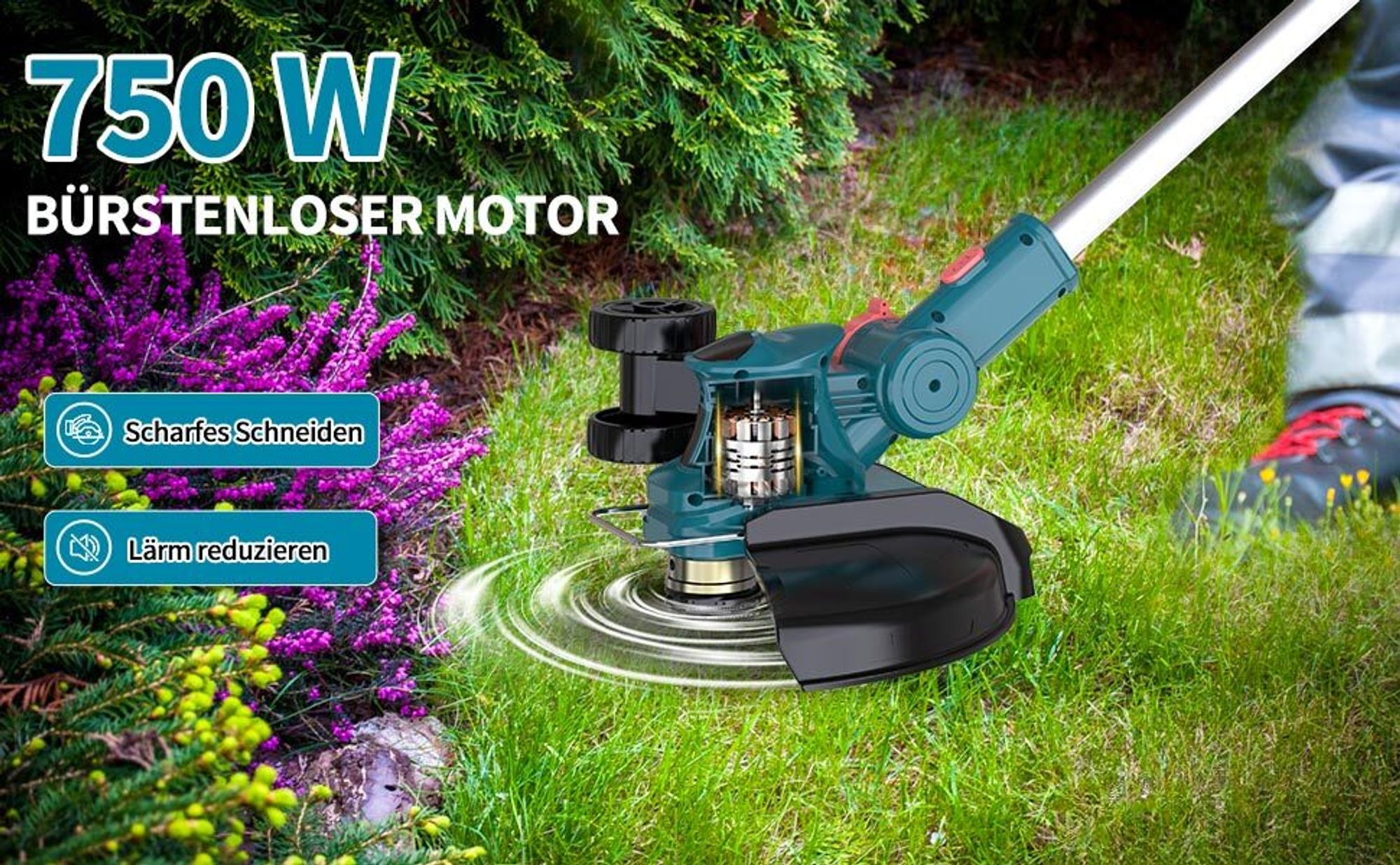 750W Akku Rasentrimmer mit 2× 4.0Ah Akkus & Ladegerät, Freischneider Gartengeräte mit Fugenbürste & Unkrautbürste | Blau