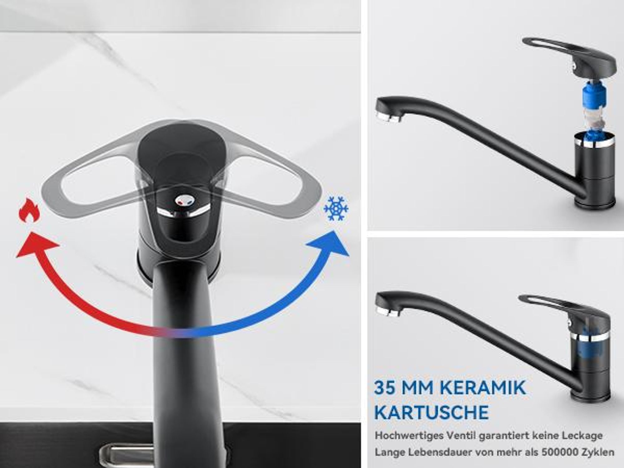 Küchenarmatur mit langem Auslauf – 360° drehbarer Wasserhahn in Schwarz, Edelstahl-Innenleben, ABS-Luft-Einspritzer, für links/rechts montierbar