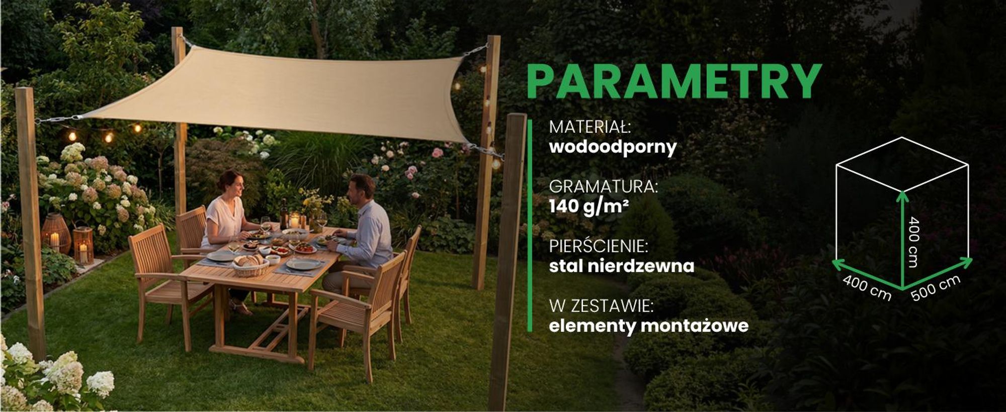 Żagiel przeciwsłoneczny prostokątny 4x5m ogrodowy na taras balkon beżowy wodoodporny