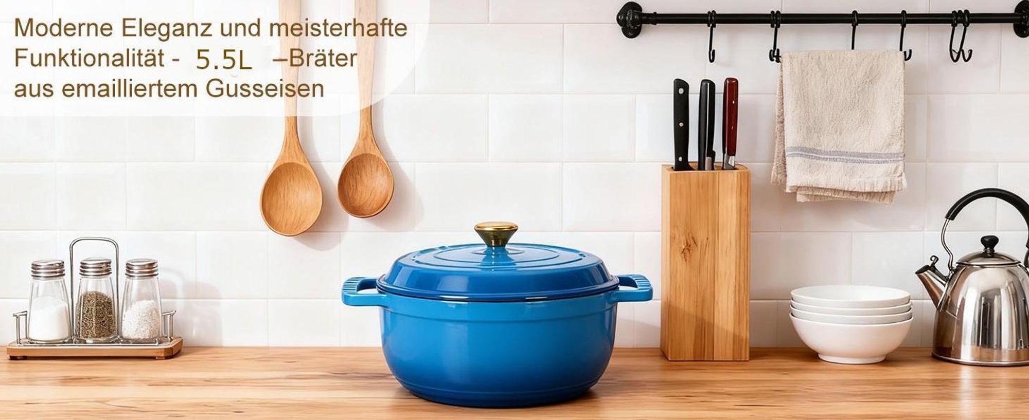 FCH Gusseisen Topf 26cm - 6QT-5.5L Emaille Bräter mit Deckel backofengeeignet - für Küche Backen Schmoren Braten (Blau)