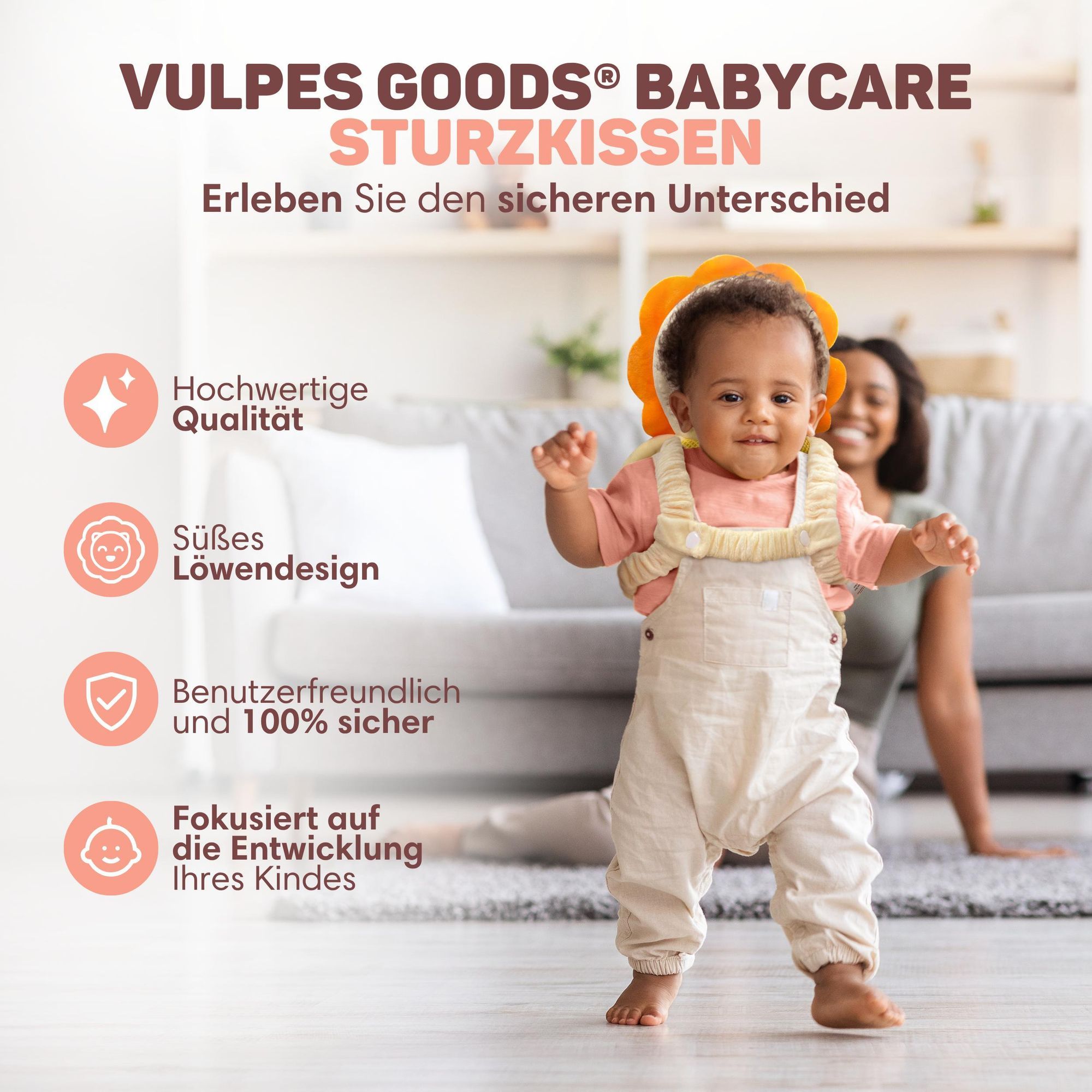 Vulpes Goods Baby Kopfschutz, Fallschutz-Rucksack für Kinder, 3D Löwenform, Kopf-Rückenprotektor Kleinkinder, sicher Krabbeln & Gehen lernen
