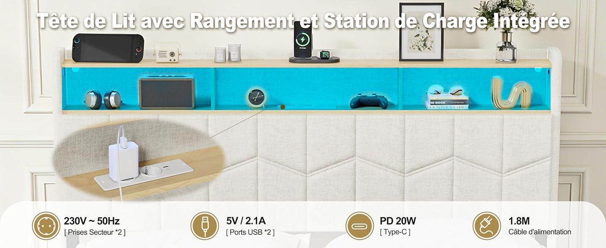 DEWINNER Lit 140x190 avec Sommier | Cadre Flottant | Lit Double avec LED Réglable | Multiprise | Sommier à Lattes | Lin Blanc | Idéal pour Chambre Mod