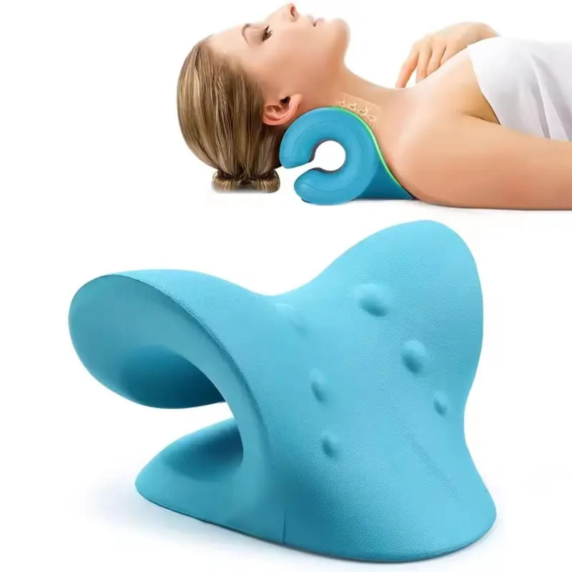 Nackenstrecker & Massagekissen zur Entspannung, Ergonomischer Nackenretter bei Schmerzen, Halswirbelsäule Korrektur mit Massagepunkten, EVI SPORT Blue