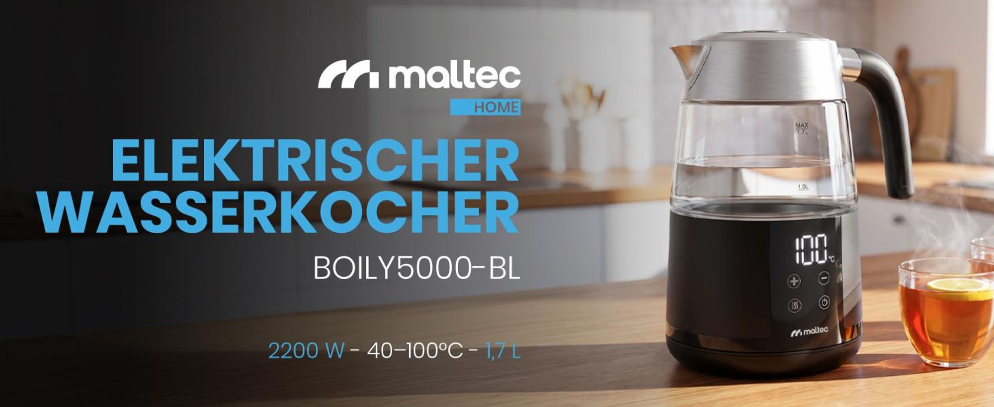 Schwarzer Wasserkocher mit Warmhaltefunktion Edelstahlfilter 1800ml und 2200W