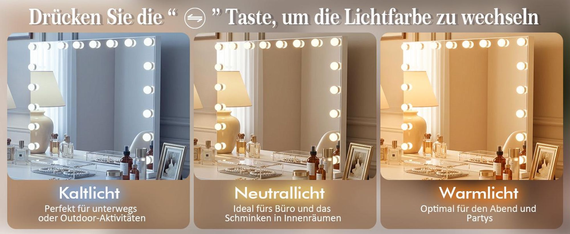 VANITII Hollywood Schminkspiegel 80cm x 58cm mit Beleuchtung 18 Dimmer Leuchten 3 Lichtmodus Kosmetikspiegel für Badzimmer Schminktisch Weiß