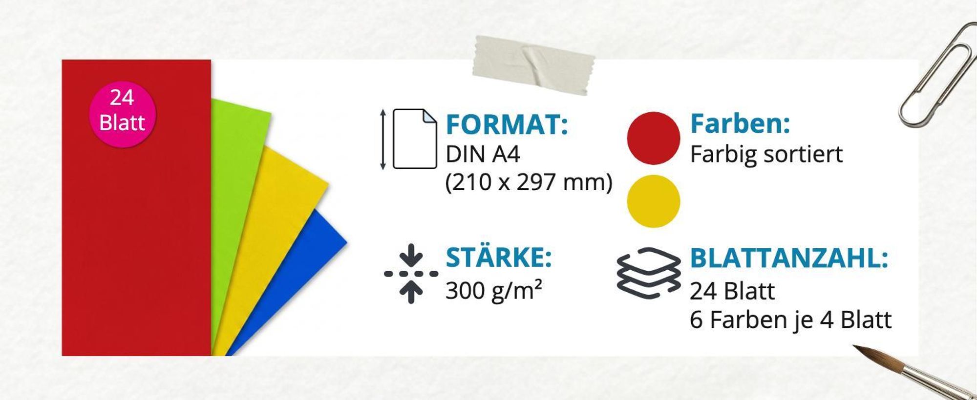 itenga Fotokarton - A4 300 g/qm 24 Blatt sortiert - Intensivfarben 6 Farben je 4 Blatt