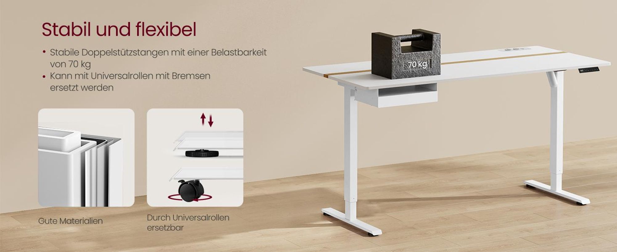 VASAGLE Höhenverstellbarer Schreibtisch elektrisch, mit Steckdose und Schublade, 60 x 120 cm Memory-Funktion, weiß