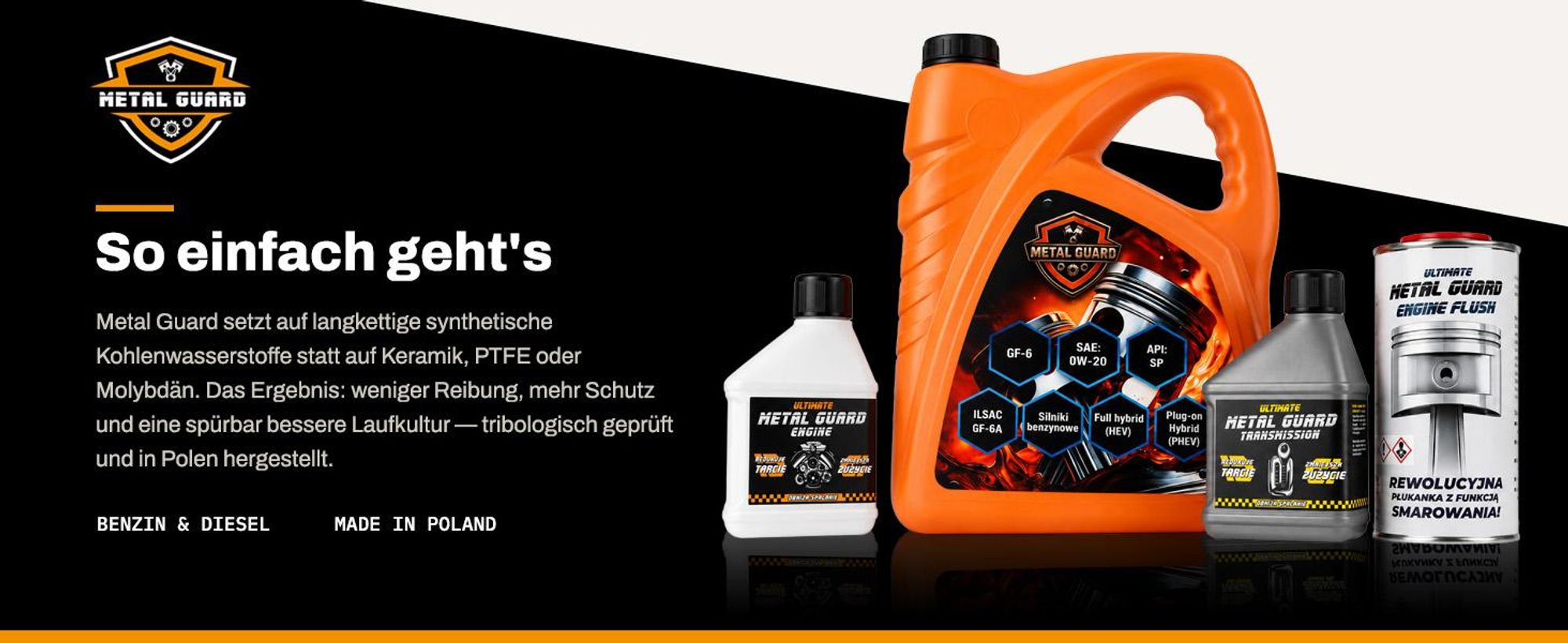 Metal Guard ENGINE Motoröl-Additiv 300 ml Öladditiv für Benzin Diesel, Reibungsreduzierung, Verschleißschutz, Start-Stop, DPF GPF Turbo