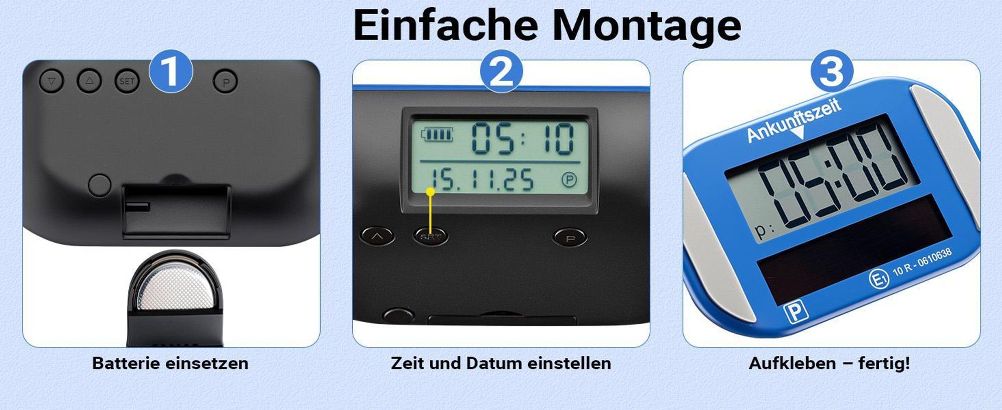 Wiltec Elektronische Parkscheibe mit Solarpanel – Digitale Parkuhr mit automatischer Zeitumschaltung und KBA-Zulassung