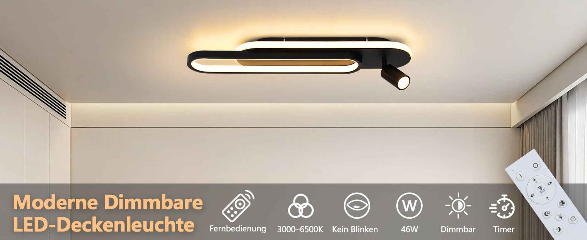ZMH LED Deckenleuchte Dimmbar mit 1 Deckenstrahler Fernbedienung Deckenlampe Schwarz Wohnzimmer 46W Küchenlampe Modern 3000K - 6500K Schlafzimmerlampe
