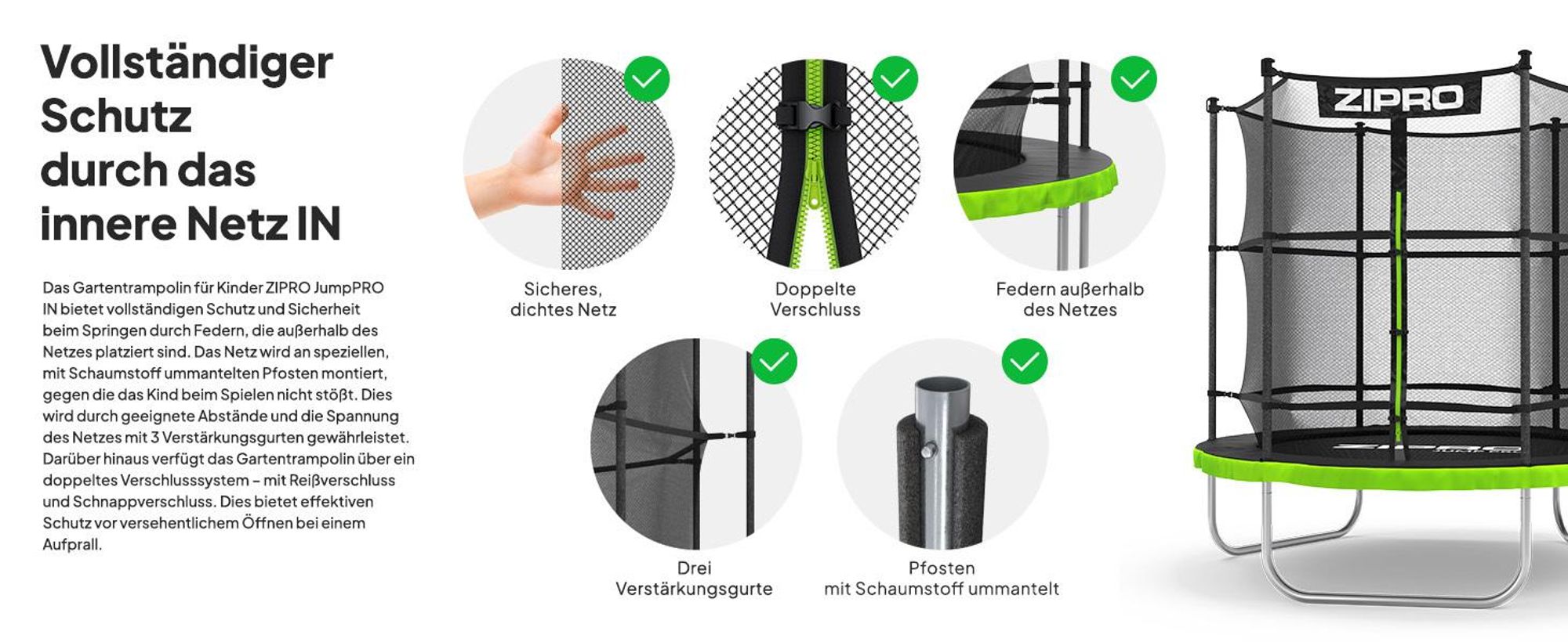 ZIPRO Trampolin Jump Pro IN | 6FT Ø 183cm | Gartentrampolin Kindertrampolin Komplett-Set inkl. Innennetz, Randabdeckung, Outdoor, Grün