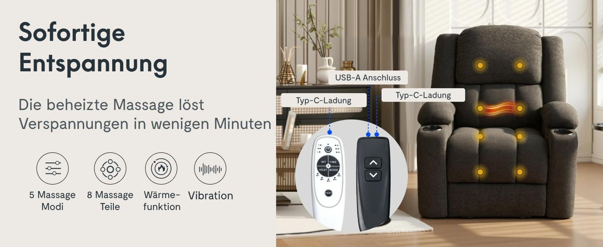 FLEXISPOT XL6 Elektrischer Massagesessel mit Aufstehhilfe, Heizfunktion, USB-Anschluss&Decke, 105°-165° verstellbar, belastbar bis 200 kg (Dunkelgrau)