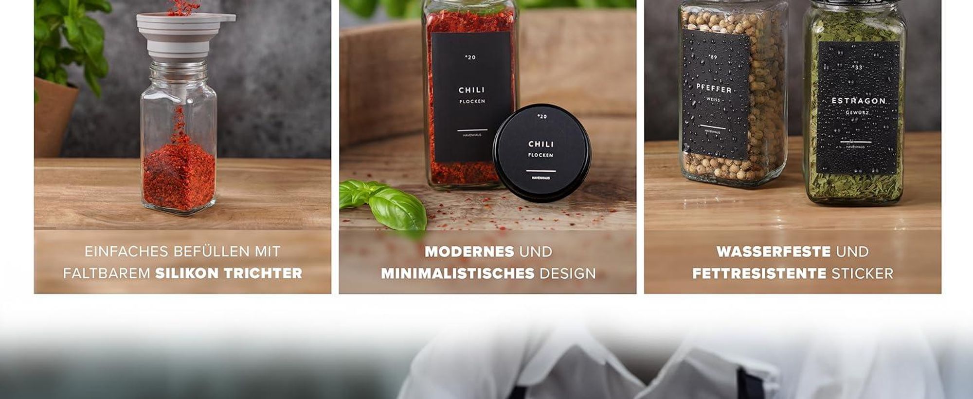 Gewürzgläser Set schwarz | 24 Gewürz Organizer inkl. 336 deutschen Gewürzetiketten | Gewürzgläser eckig mit Streuaufsätzen | Gewürze Aufbewahrung