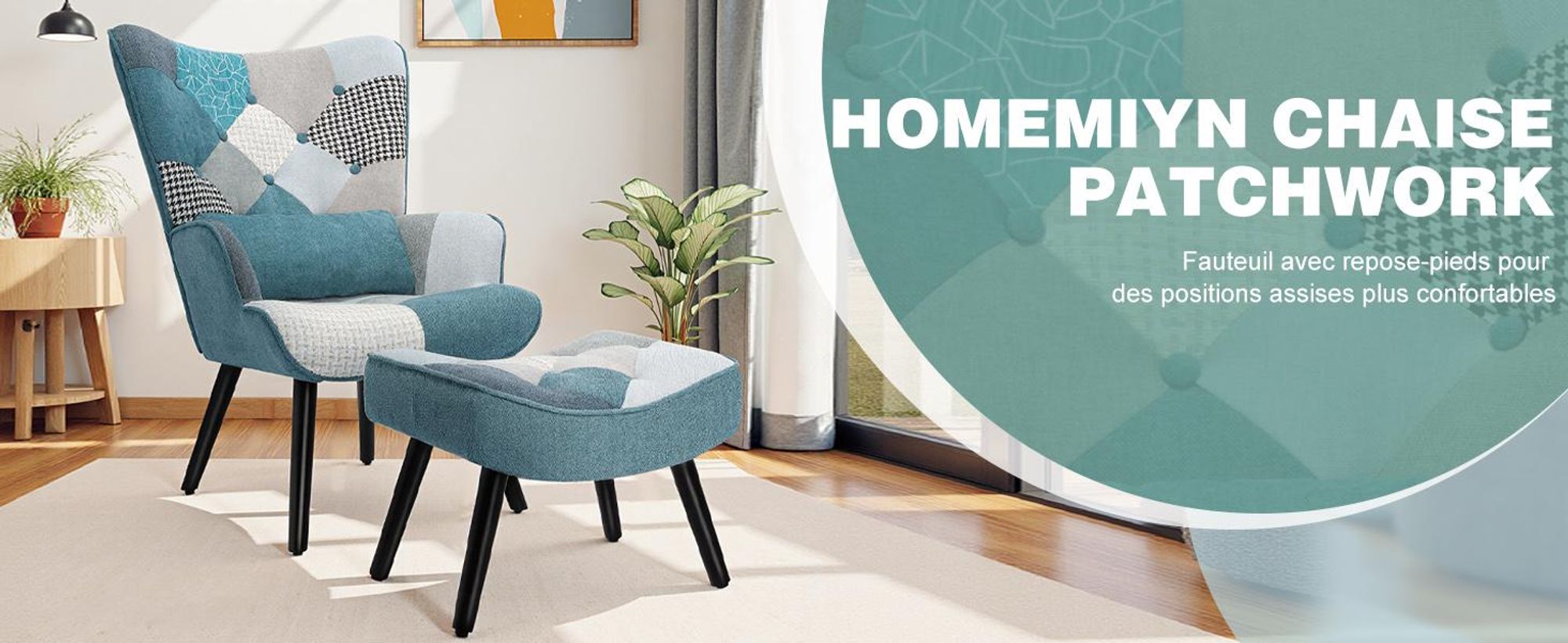 Fauteuil Patchwork Scandinave avec Repose-Pieds Support Lombaire Bois Massif, Tissu Lin et Design Ergonomique, pour Salon, Chambre ou Balcon, Bleu