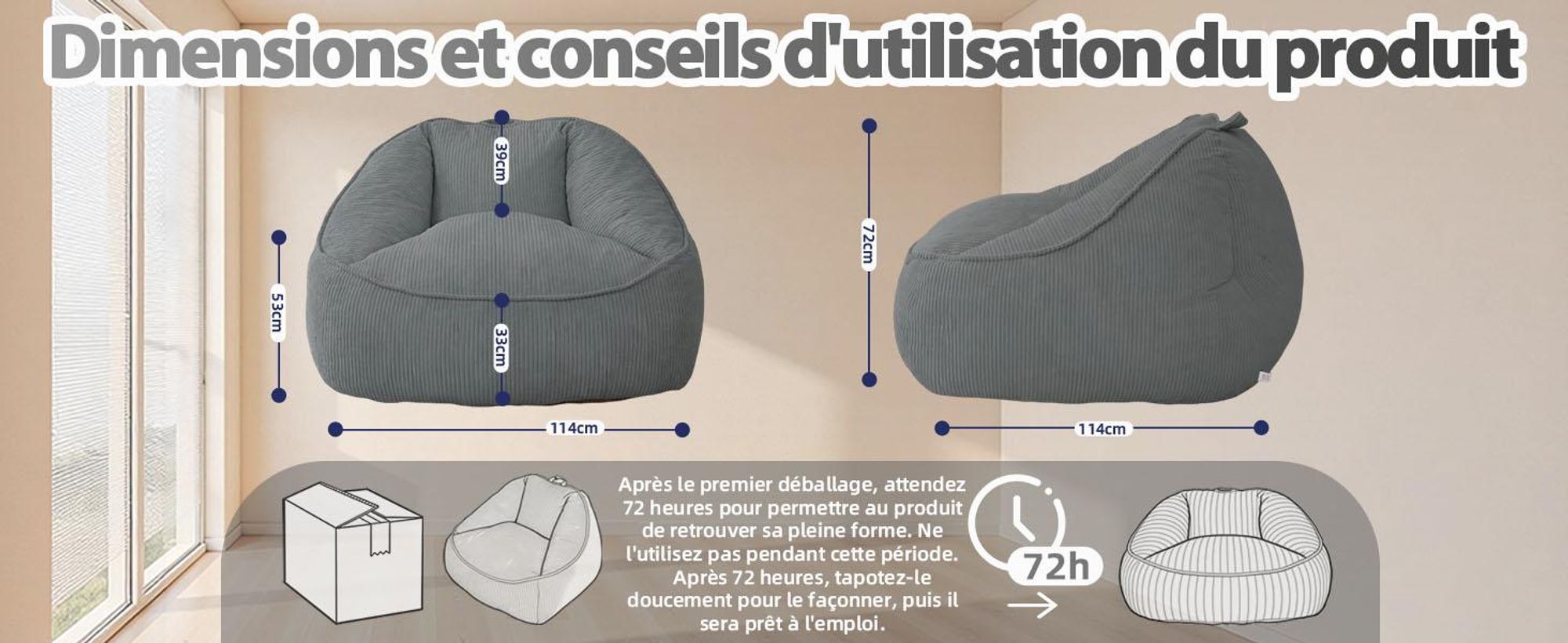 Pouf géant pour adulte, rembourrage en mousse déchiquetée, canapé de sol moelleux, forme poire, gris