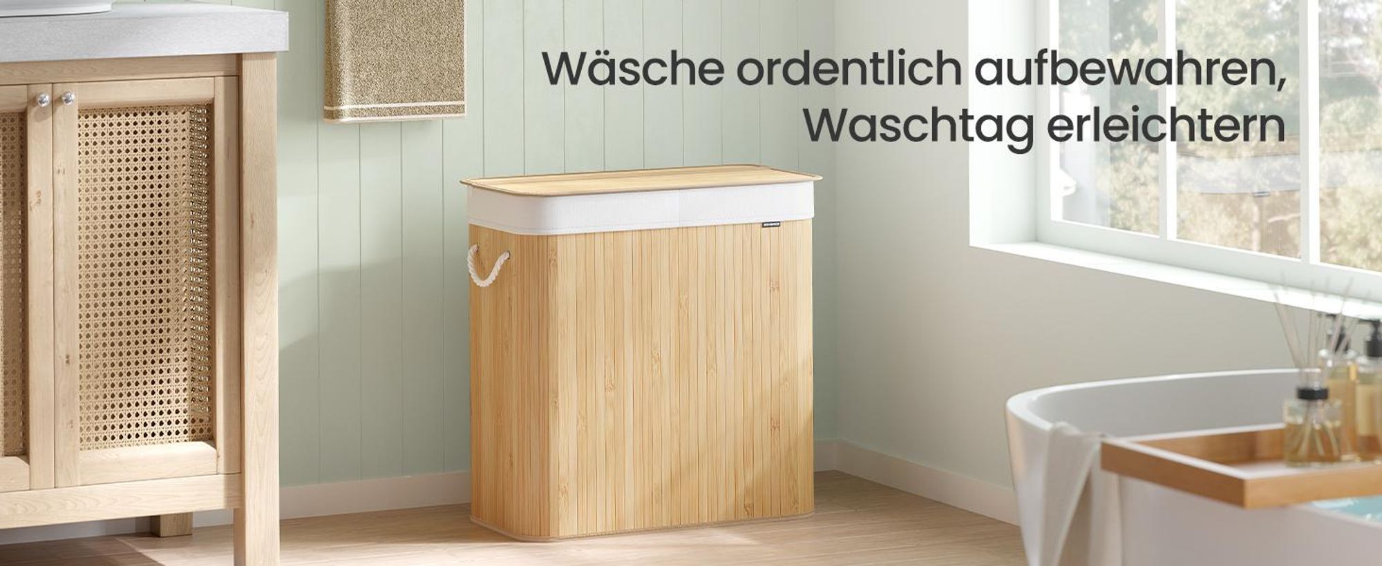 SONGMICS Wäschekorb 2 Fächer, 100 L Wäschesammler mit Deckel, Wäschebox Bambus, mit Griffen, faltbar, Wäschesack herausnehmbar maschinenwaschbar